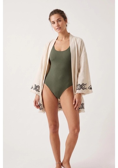 Rovebella Mistico Keten Dokulu Kısa Kimono Krem