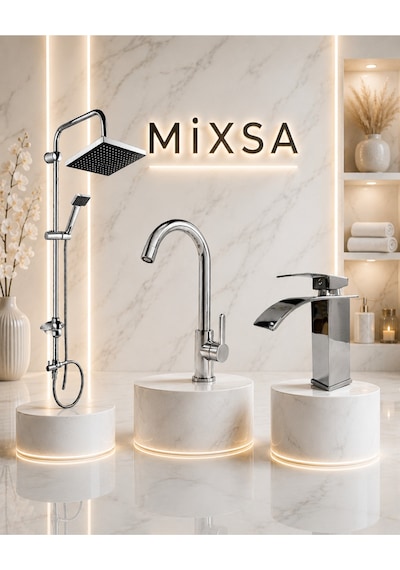 Lüx 3'lü Set Robot Duş Seti Premium Valor Mutfak Bataryası Şelale Akışlı Lavabo Bataryası 3'lü Set Krom
