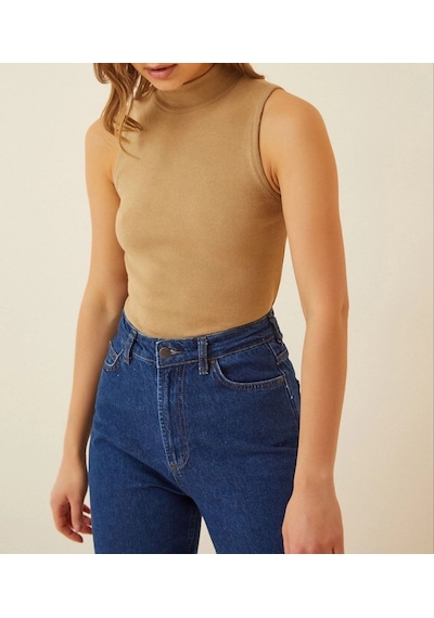 Barlashive Kadın Full Likralı Fitilli Kaşkorse Body - Camel Çok Renkli