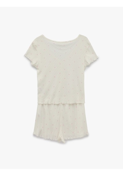 Koton Rahat Kesim Düğmeli V Yaka Kısa Kollu Pijama Takımı Beyaz Desenli 6slk40040mk