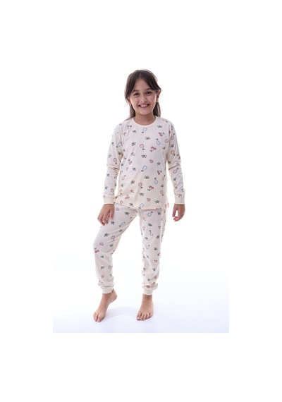 Meyve Desenli Kız Çocuk Pijama %100 Pamuk, Rahat Ve Yumuşak Kumaşlı Set Krem