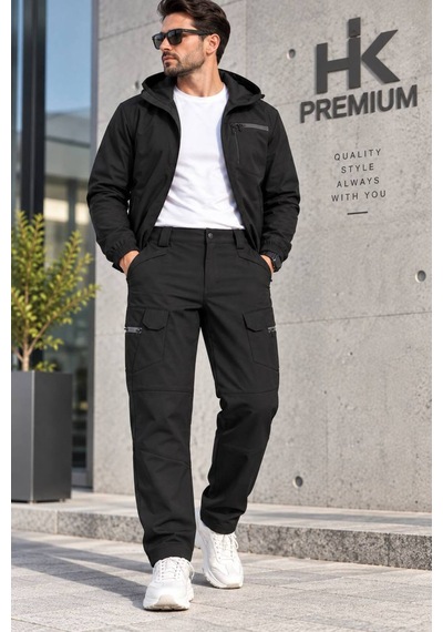 Hk Premium Erkek Haki Softshell Su Geçirmez Taktik Kargo Pantolon Moto Kurye & Outdoor Siyah