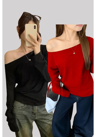 Siyah Kırmızı 2 Li Paket Kadın Düşük Omuz Kayık Yaka Oversize Uzun Kollu T-shirt Kırmızı
