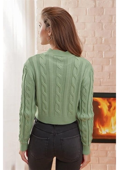 Yarım Balıkçı Yaka Saç Örgülü Kısa Crop Mint Kazak Mint