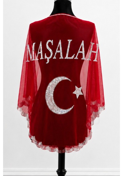 Azra Kına Kırmızı Ayyıldızlı Maşallah Pullu Örtü, Sünnet, Mevlid Töreni, Sünnet Omuz Örtüsü Sünnet Şalı, Kına Örtüsü