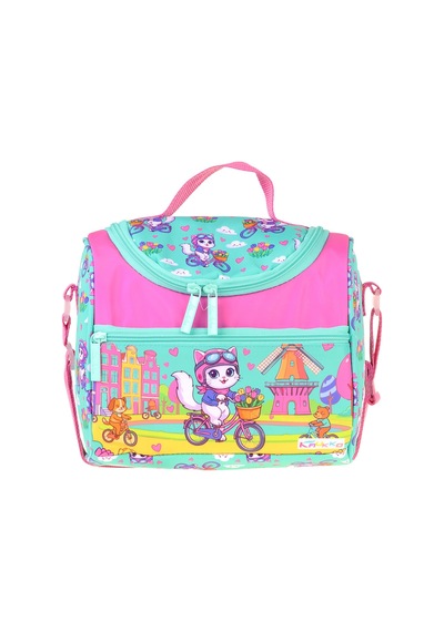 Kaukko Kids Kız Çocuk Bisikletli Kedi Baskılı Isı Yalıtımlı Okul Beslenme Çantası Yeşil - Pembe - L5329