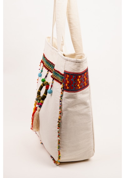 Fabric Craft Bag Omuz Çanta Bohem Detaylı Krem Kanvas 45x40 Cm Astarlı Günlük Çanta