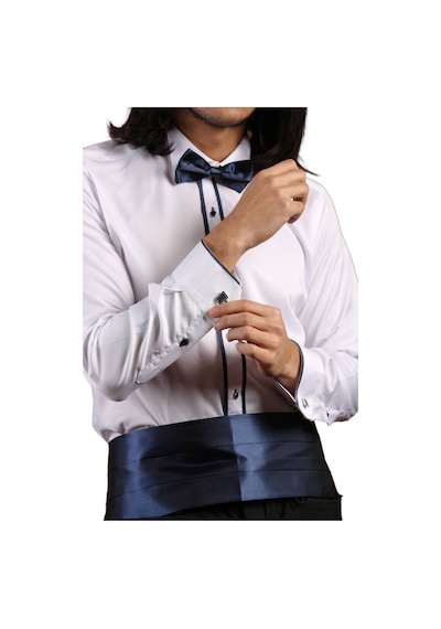Dicotto Beyaz Lacivert Çift Bieli Damatlık Ata Yaka Kol Düğmeli Slim Fit Smokin Gömlek - 011 001