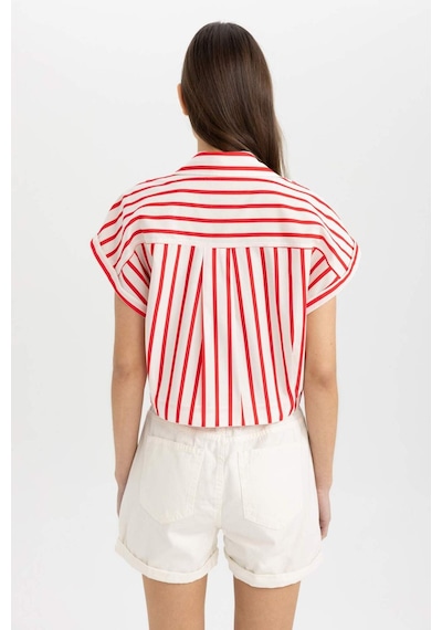 Defacto Crop Çizgili Kısa Kollu Poplin Gömlek C8748AX24SMRD117 Kırmızı