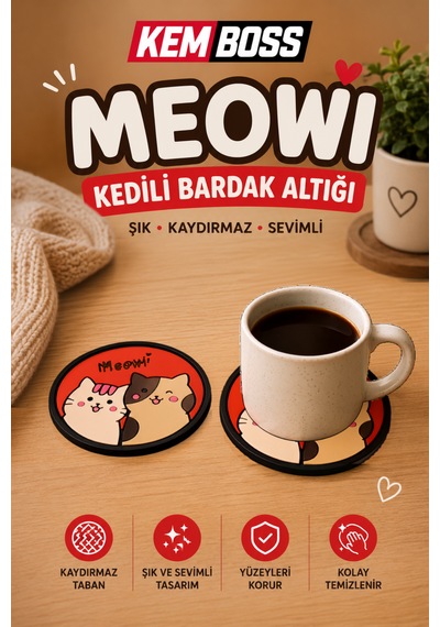 Kemboss Meowi Kedili Bardak Altlığı 2'li Set - Pvc Kaydırmaz Bardak Altlığı Kahve Kupa Çay Bardağı Altlığı Masa Koruyucu Çok Renkli