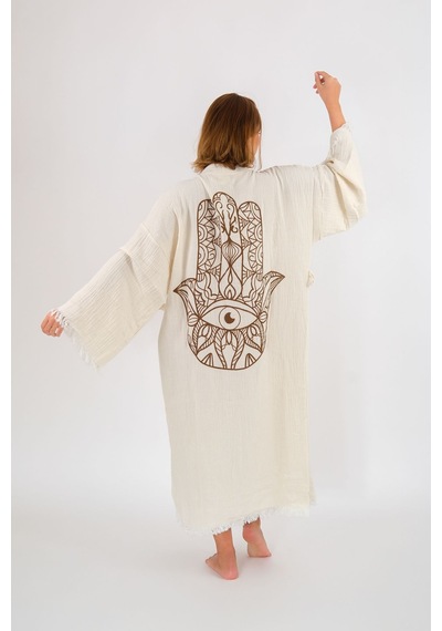 Befera Müslin Kimono Pamuklu Fatma Ana Eli Baskılı Desenli Bornoz Kaftan Sabahlık Ekru