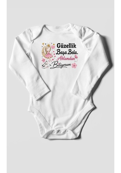 Morivokids Güzellik Başa Bela Ablamdan Biliyorum Uzun Kollu Bebek Body %100 Pamuk Beyaz