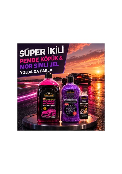 Süper İkili Pembe Köpük Oto Şampuanı + Mor Simli Lastik Parlatıcı Jel Ve Lastik Süngeri Seti