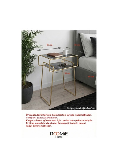 Retro Yan Sehpa, Metal Sehpa, Cam Sehpa, Salon, Yatak Odası, Antre Füme Cam Gold Altın