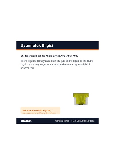 Trobus Oto Sigortası Bıçak Tip Mikro Boy 20 Amper Sarı 10'lu Diğer