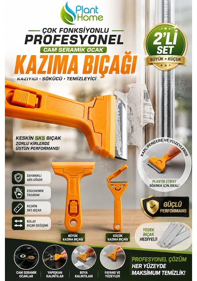 2 Li Profesyonel Kazıma Bıçağı Seti Büyük Ve Küçük Cam Seramik Ocak, Cam, Kapı Pencere Kazıyıcı Sökücü