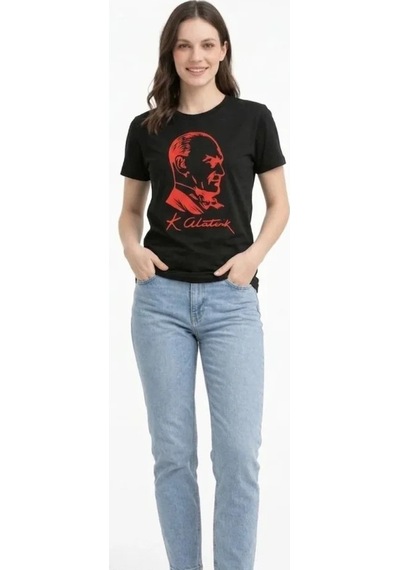 Efnaz Style Atatürk Baskılı Tişört Kısa Kollu Bisiklet Yaka T-shirt - Siyah