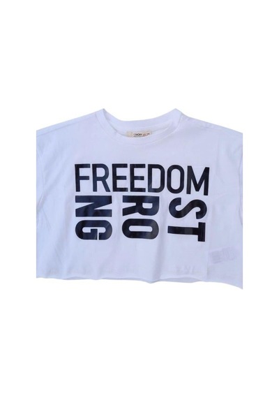 Çikoby Kız Çocuk Pamuklu Sıfır Yaka Kısa Kol Yazılı Crop Tshirt-12104 Beyaz