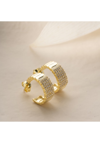 925 Ayar Gümüş Şeritli Ve Taşlı Halka Küpe Gold