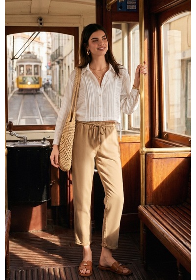 Olcay Bağcık Detaylı Beli Lastikli Soft Denim Pantolon Kamel 7586 Sarı