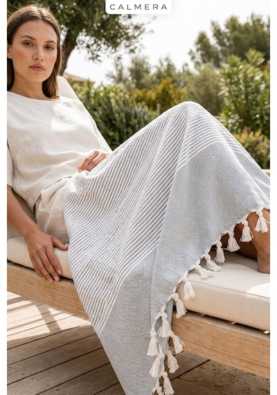 Calmera Çizgili Peştemal Pamuk - Doğal Saçaklı Plaj, Deniz, Havuz, Spa, Sauna, Spor, Seyahat Havlu - Gri