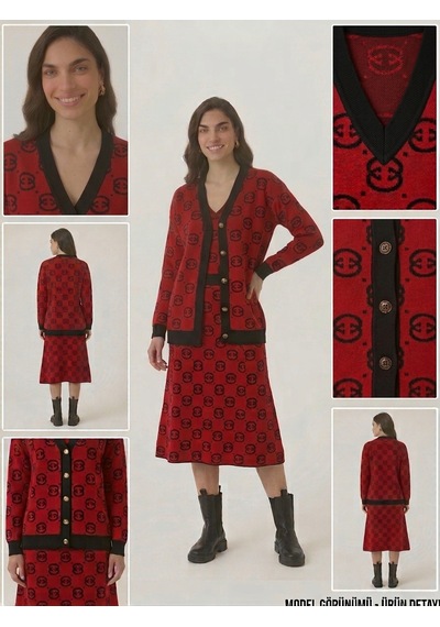 Guzelco Kırmızı Siyah Monogram Jakar Örme Triko Takım - Siyah Biyeli Düğmeli Hırka Ve Etek Set Kırmızı - Siyah Guzelco Kırmızı Siyah Monogram Jakar Örme Triko Takım - Siyah Biyeli Düğmeli Hırka Ve Etek Set Kırmızı - Siyah