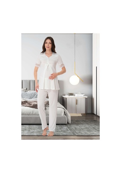 Effortt Dvina Lohusa Hamile Kısa Kollu Pijama Takımı - Ekru Ekru