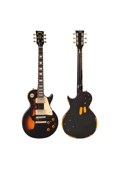 Vintage V100 Icon Elektro Gitar - Distressed Black Over Sunburst