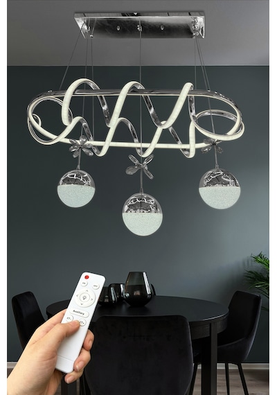 Kuzey Yemek Masası 3 Toplu İthal Led Avize - Kumandalı / Krom Krom
