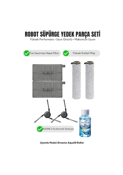 Dreame Aqua10 Roller İle Uyumlu 2 Yan Fırça 2 Filtre 2 Mop 1 Deterjan 1.0