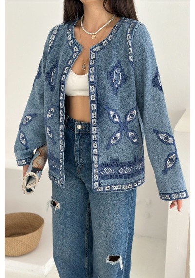 Femelle Etnik Desenli Pul Payet Nakışlı Denim Kot Ceket Vintage Bohem Tarz - 2789 mavi