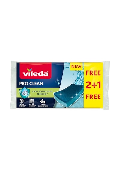 Vileda Pro Clean Aktif Enzimli Düz Sünger, 3 Lü Paket Açık Indigo
