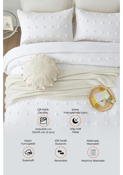 Evlen Home Pamuklu Emmy Yatak Örtüsü Seti Günlük Çift Kişilik Boho 3 Parça Dolgulu Tufting Beyaz Beyaz