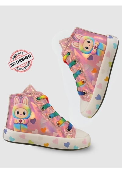 Pembe Hologram Kız Çocuk Fermuarlı Sneaker