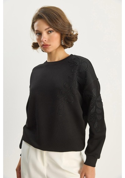 Shade Kadın Bisiklet Yaka Çiçek Nakış Ve Boncuk İşlemeli Sweatshirt 1562 60283633 - Siyah