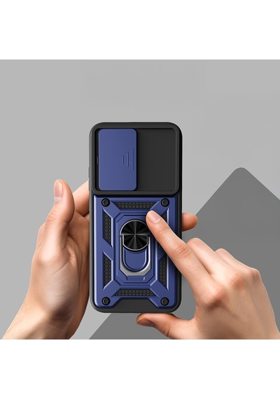 Maks Technology Oppo A6 Pro Uyumlu Kılıf Magnetik Standlı Kamera Korumalı Mkst Sürgülü Vega Kapak - Mavi