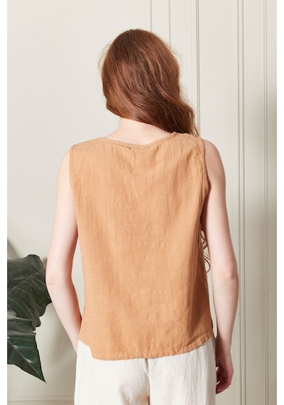 Asimetrik Kesim Keten Bluz, Parçalı Tasarım CAMEL