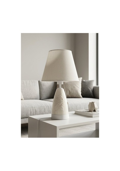 Işık Geçiren Porselen Abajur 46 Cm - Krem, İpek Şapkalı Pa030106s