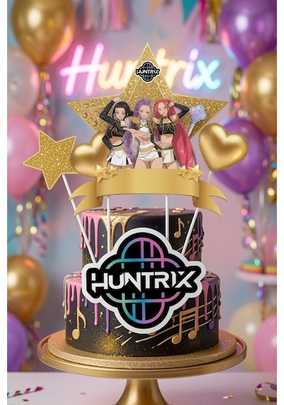 K Pop Huntrix Demon Hunters Gold Pasta Süsü 4'lü Çubuklu Doğum Günü Pasta Dekoru +3