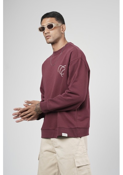 Bisiklet Yaka Baskılı Nakış Detaylı Erkek Sweatshirt Bordo