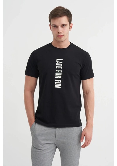 Cazador Slim Fit Bisiklet Yaka Pamuklu Baskılı Tişört Siyah