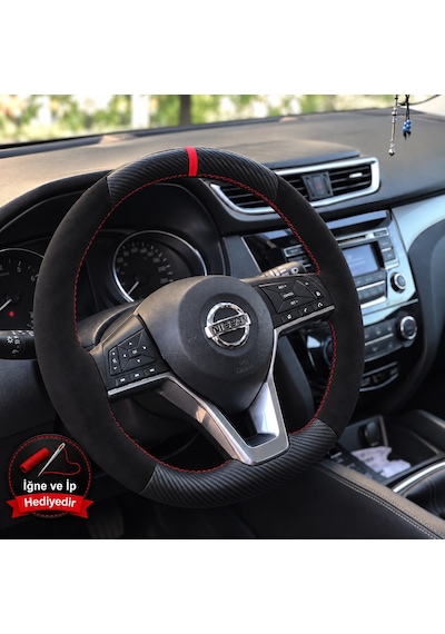 Nissan Juke F16 Dikme Direksiyon Kılıfı Alcantara Süet Mat Karbon Kırmızı Yüzük Ve Dikiş 2019-2024