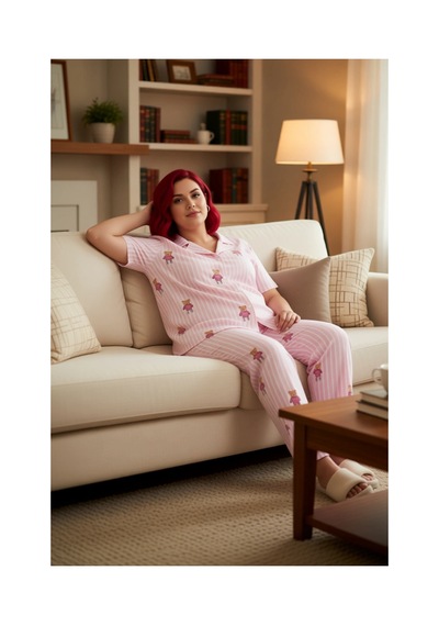 Ersefa Kadın Yıldızlı Melanj Örme Pijama Takımı Gömlek Yaka Fonksiyonel Pembe