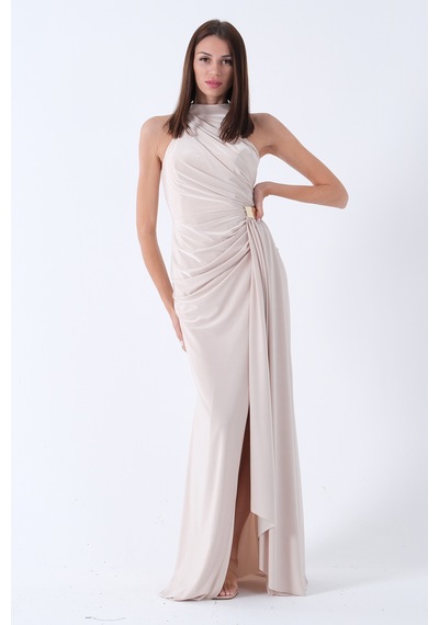 Feminist Bej Halter Yaka Drapeli Beli Gold Toka Detaylı Straplez Abiye 9705862