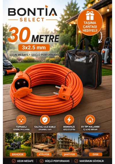 30 Metre Uzatma Kablosu 3x2.5 Mm Topraklı Cca Kablolu Tekli Grup Priz Kapaklı Monofaze Ev Tipi Uzatma Kablosu Taşıma Çantalı 15 M Ve Üzeri