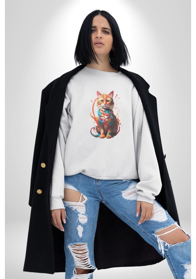 Renkli Yağlı Boya Kedi Unisex Beyaz Baskılı Sweatshirt Beyaz