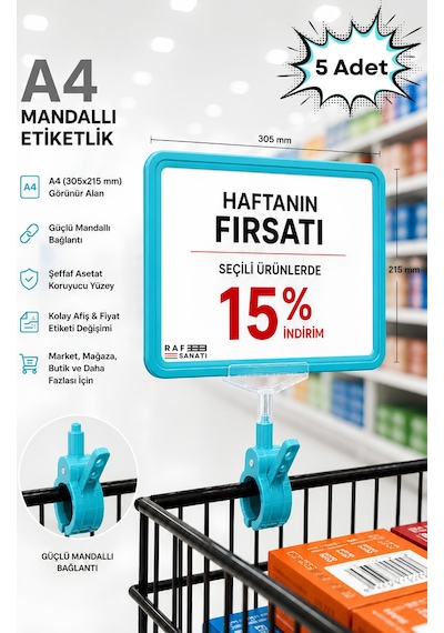 5 Adet - A4 Mandallı Fiyatlık Etiketlik Sepet Raf Askılık Fiyat Etiketi Çerçeveli Market Mağaza Turkuaz