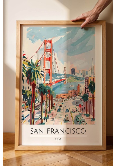 Abd San Francisco Temalı Çerçeveli Tablo Travel Serisi Modern İllüstrasyon Şehir Duvar Dekoru Kayın