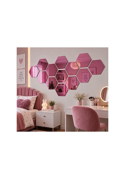 Kendinden Yapışkanlı Altıgen Dekoratif Duvar Aynası 1 Mm Kalınlık Petek Model Modern Salon, Antre Ve Yatak Odası Aynası Pembe