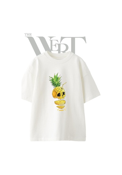 Thewert Ananas Kuru Kafa Tasarım Baskılı Ünisex Beyaz Oversize T-shirt